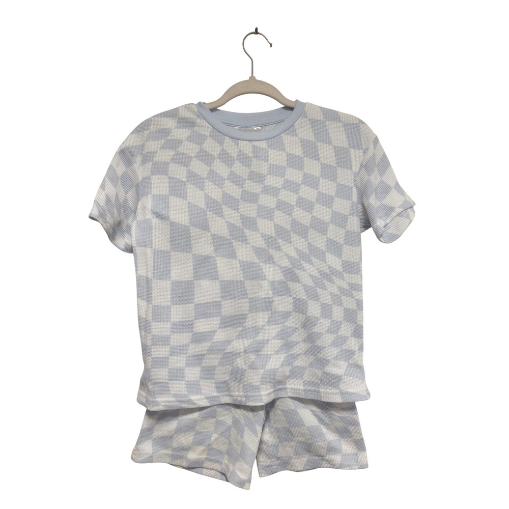 Saint Eve Kids Blue White Warped Checkerboard Waffle Knit Pajama Set M 10/12